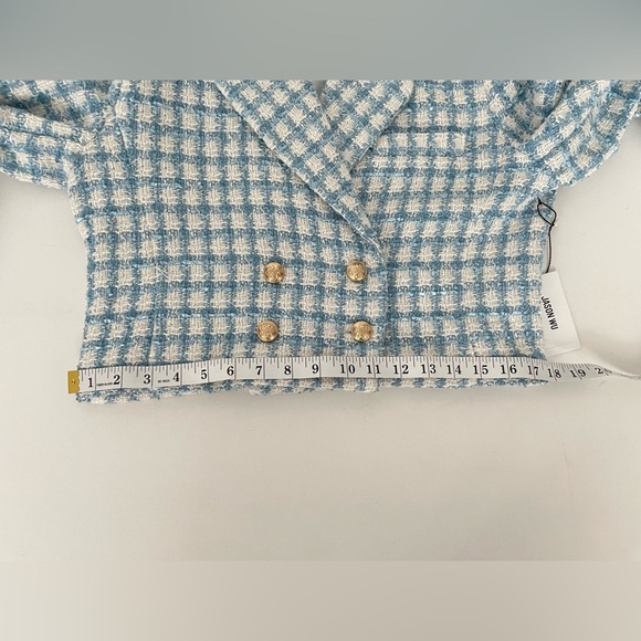 SET JASON WU Boucle Tweed cropped blazer and skort  Blue White Gold Button 8 M - Picture 7 of 16